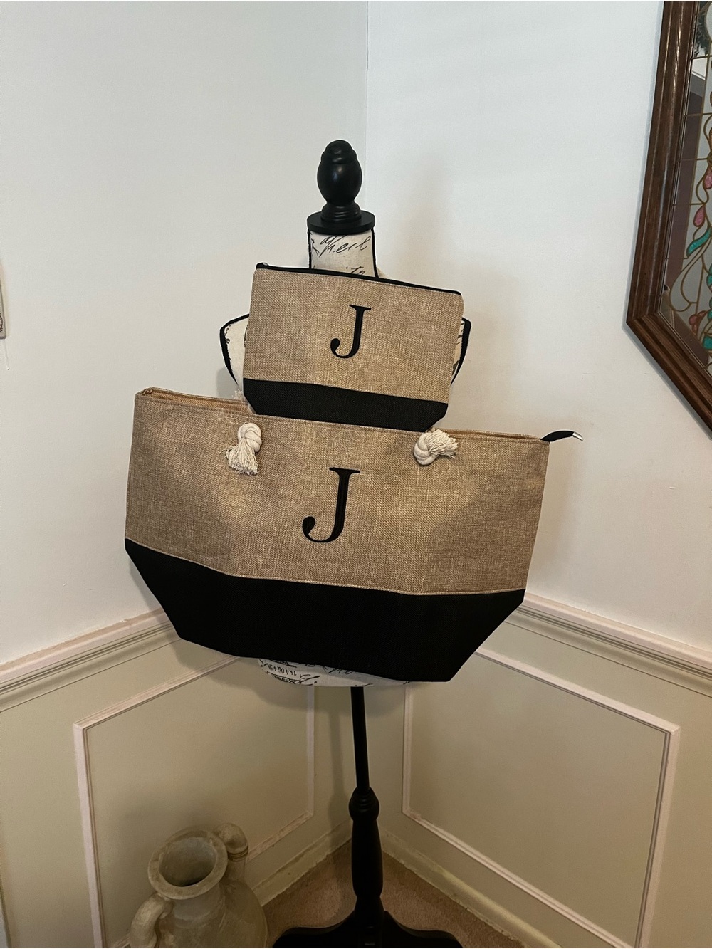 Monogram J Burlap Beach Tote and Pouch Set - Natural and Black